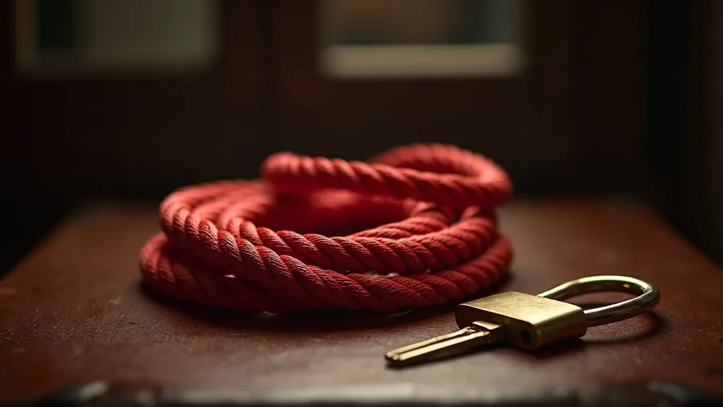 Corde shibari rouge lovee, cle et cadenas a Nantes